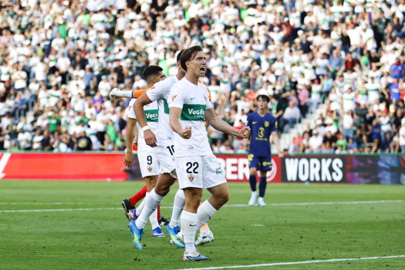 El defensa austriaco del Elche David Affengruber celebra tras anotar durante el partido de LaLiga entre el Elche y el Atl�tico de Madrid, en el estadio Mart�nez Valero. EFE Archivo
