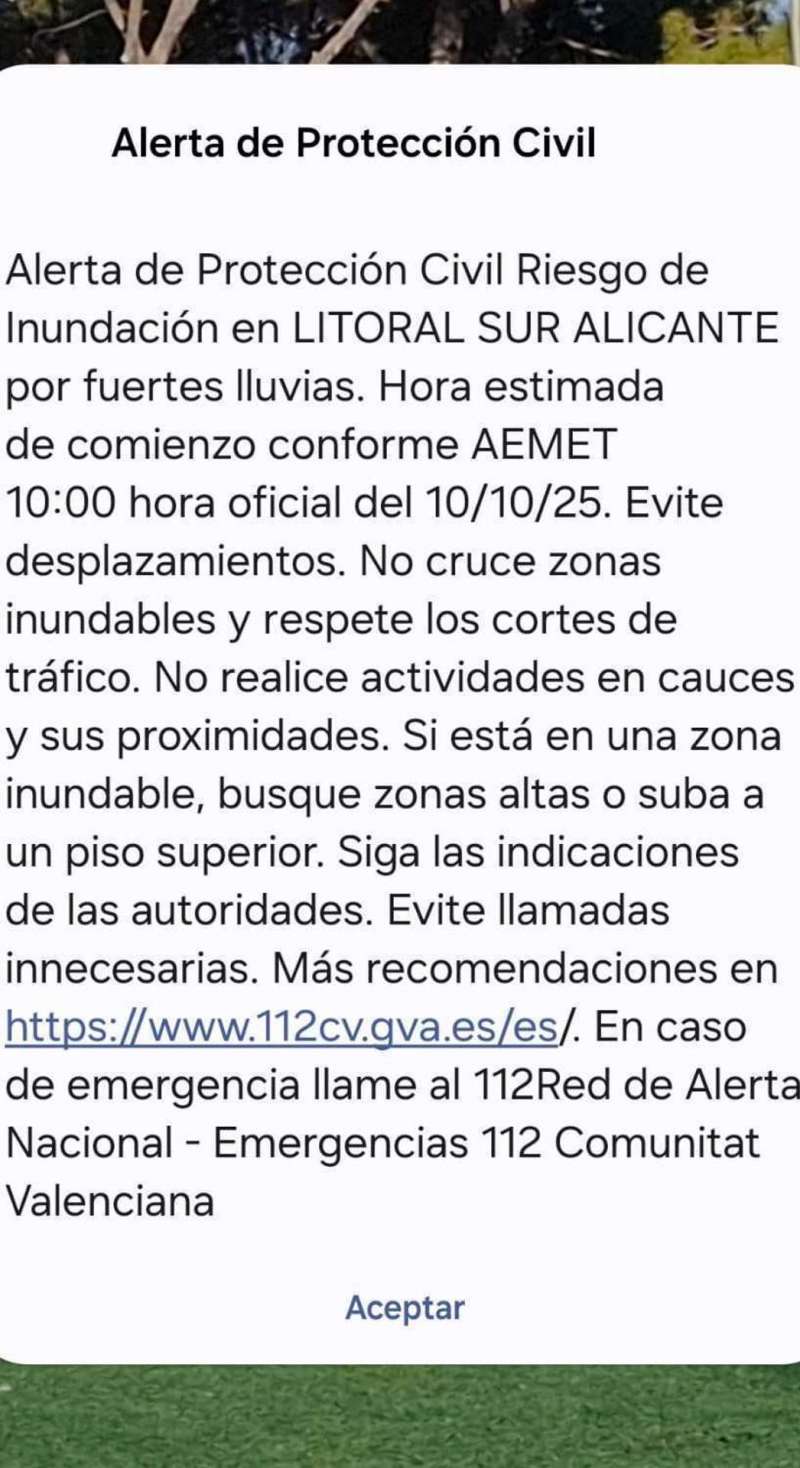 Imagen del mensaje recibido en los mviles.
