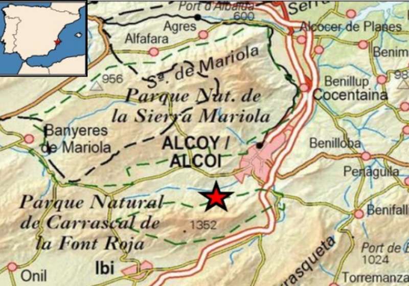 Mapa con la ubicación exacta donde se ha registrado el terremoto en la zona de Alcoi. /IGN