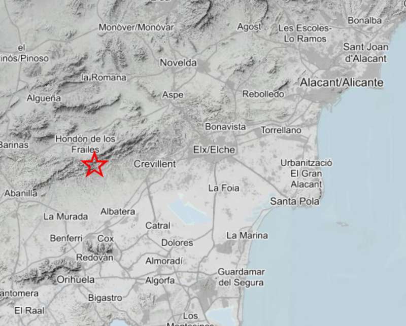 Mapa donde el IGN marca el lugar del terremoto.  EFE
